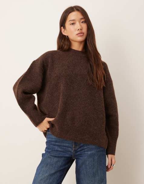 ASOS DESIGN premium wool and alpaca oversized crew neck sweater in chocolate - view 1