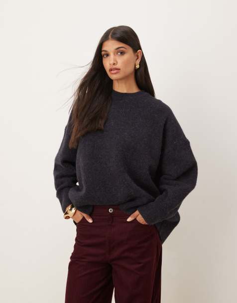 ASOS DESIGN premium wool and alpaca oversized crew neck sweater in slate navy - view 1