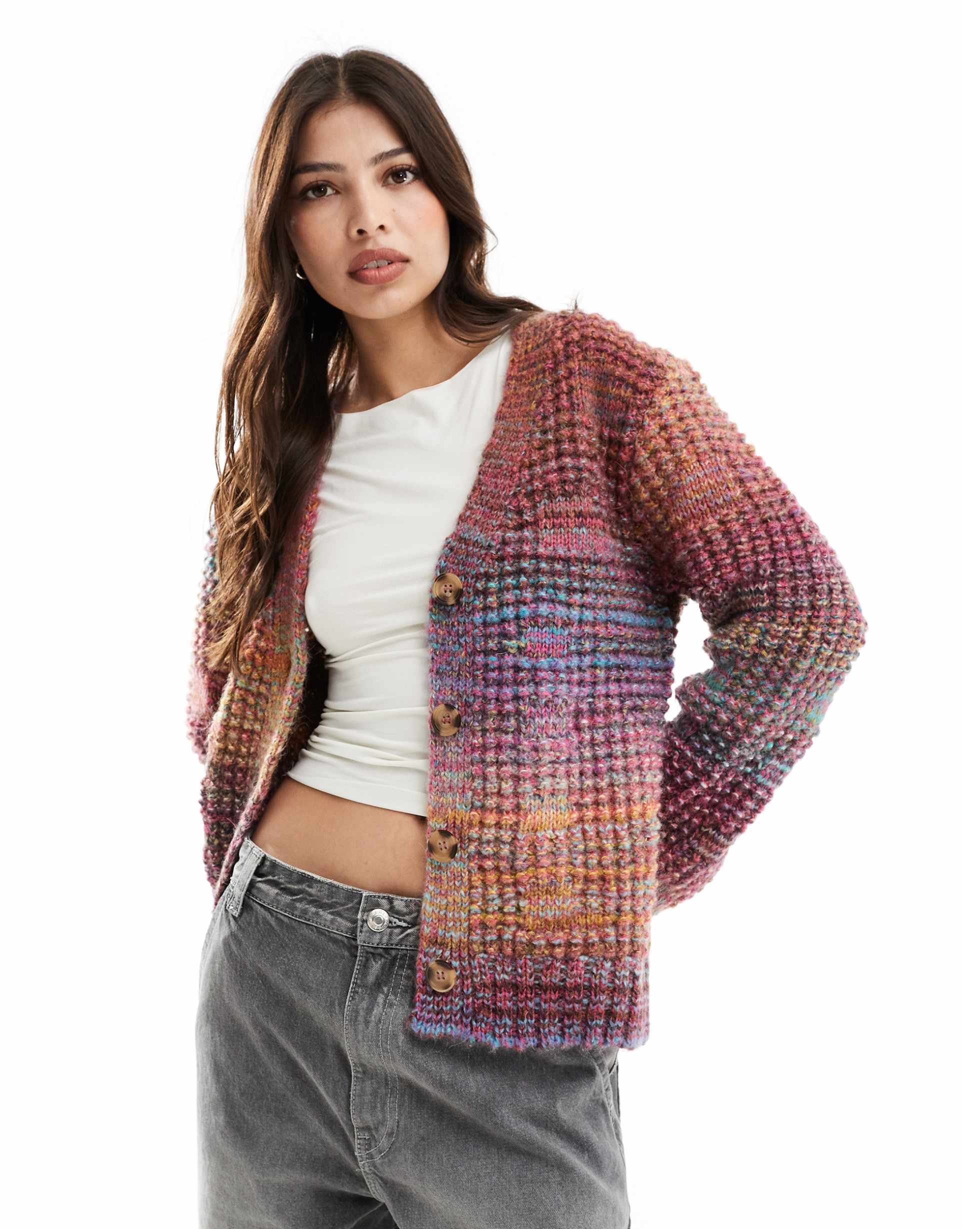 asos design premium wool blend cardigan in multi-colored yarn