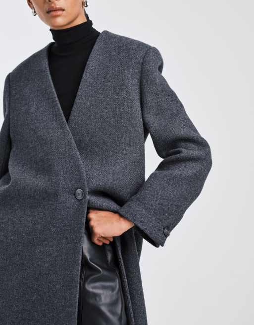 ASOS DESIGN premium wool blend collarless coat in charcoal, 2 of 4