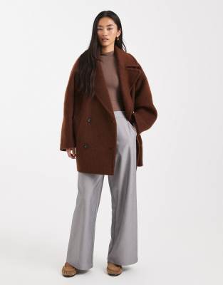Asos Design Premium Wool Blend Pea Coat In Brown