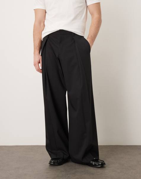 ASOS DESIGN premium wool blend smart wide leg trouser with front pleat in black