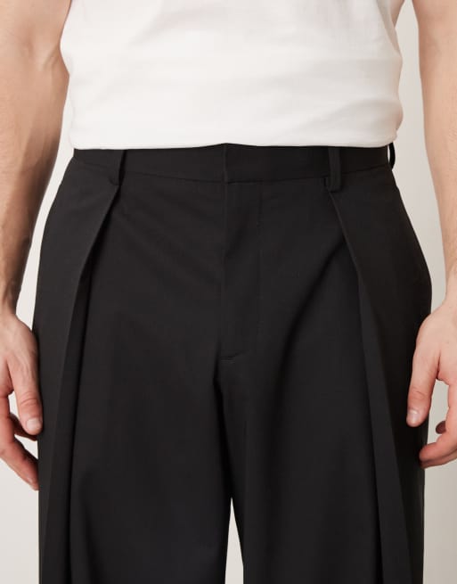 ASOS DESIGN premium wool blend smart wide leg trouser with front pleat in black, 4 of 5