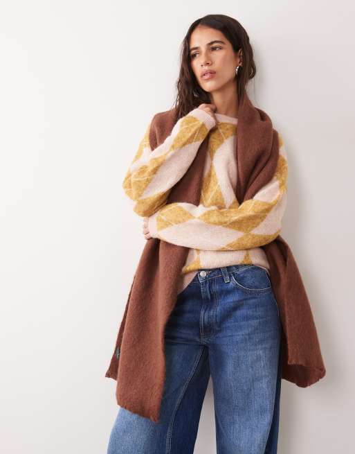 ASOS DESIGN premium woven wide wool mix scarf in brown, 3 of 3