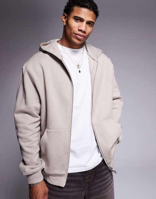 ASOS DESIGN – Premium – Zapinana na suwak gruba beżowa bluza oversize z kapturem o gramaturze 400 g/m²
