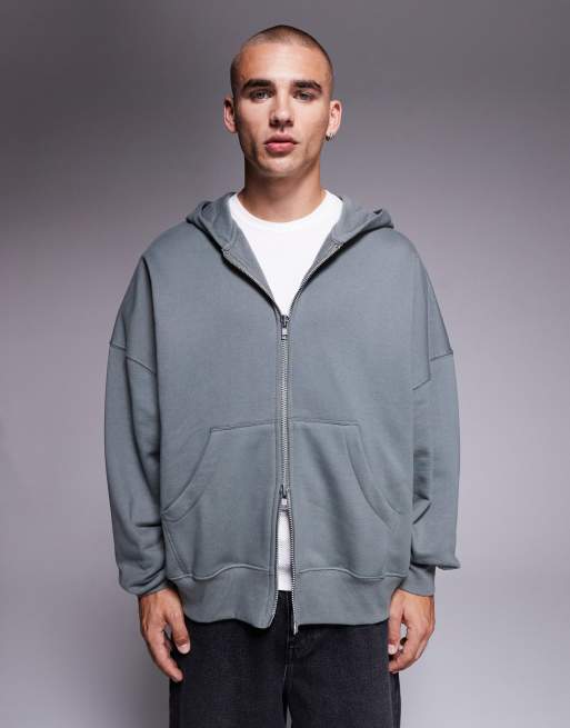 ASOS DESIGN – Premium – Zapinana na zamek gruba bluza w kolorze khaki z kapturem o fasonie extreme oversize i gramaturze 400 g/m²