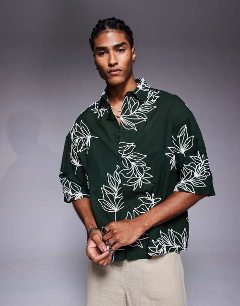 ASOS DESIGN premium boxy oversized shirt with embroidery in green