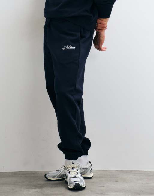 ASOS DESIGN premium zware jogger met boorden en print in navy - NAVY, 3 van 10