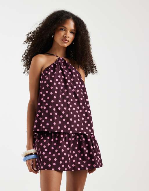 ASOS DESIGN - Prendisole a doppio strato allacciato al collo a pois oversize, 2 di 4
