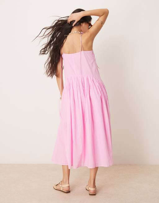 ASOS DESIGN - Prendisole con gonna al polpaccio rosa con vita scesa, 3 di 4