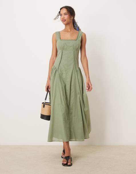ASOS DESIGN - Prendisole con gonna al polpaccio stile country kaki con vita scesa e scollo squadrato - view 1