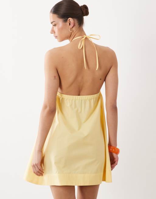 ASOS DESIGN - Prendisole corto allacciato al collo in popeline giallo limone, 4 di 4