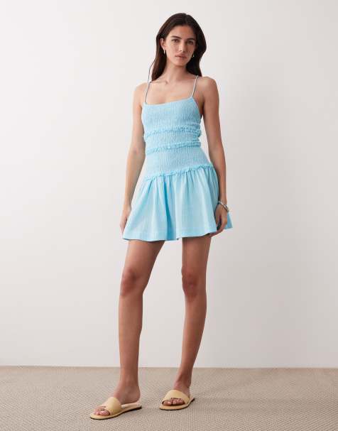 ASOS DESIGN - Prendisole corto effetto stropicciato con vita scesa arricciata color turchese tropicale - view 1
