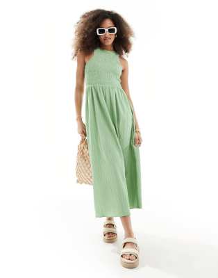 ASOS DESIGN - Prendisole corto in tessuto stropicciato con scollo all'americana e ampia scollatura posteriore color verde salvia