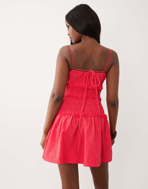 ASOS DESIGN - Prendisole corto rosso acceso stropicciato con vita scesa arricciata, 4 di 4