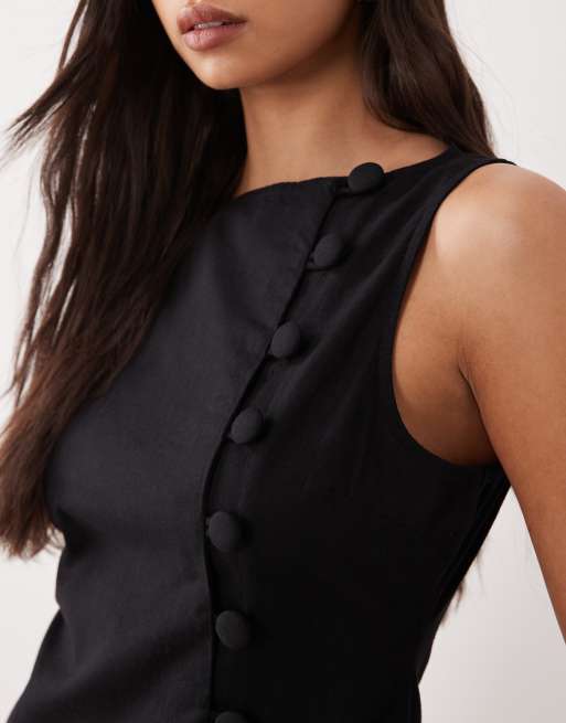 ASOS DESIGN - Prendisole corto stile gilet asimmetrico con scollo a barchetta e vita scesa nero, 3 di 4
