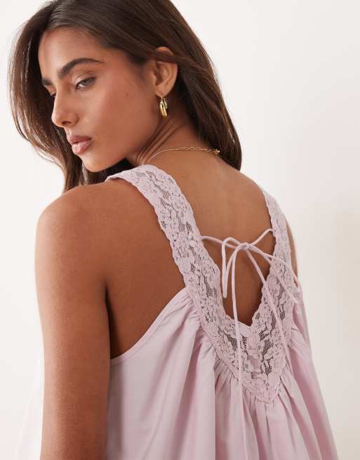 ASOS DESIGN - Prendisole grembiule corto in popeline con scollo a V e strato sovrapposto in pizzo lilla pallido , 3 di 4