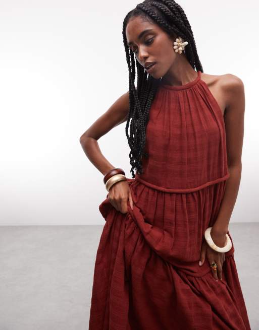 ASOS DESIGN - Prendisole lungo allacciato al collo a balze color ruggine con profili spessi , 2 di 8