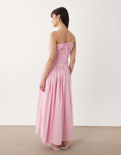 ASOS DESIGN - Prendisole lungo arricciato in popeline di cotone rosa a righe con vita scesa, 3 di 4