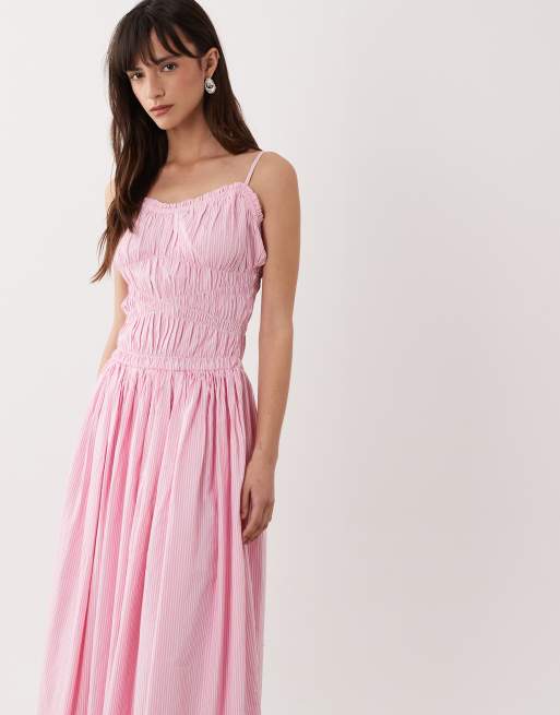 ASOS DESIGN - Prendisole lungo arricciato in popeline di cotone rosa a righe con vita scesa, 4 di 4