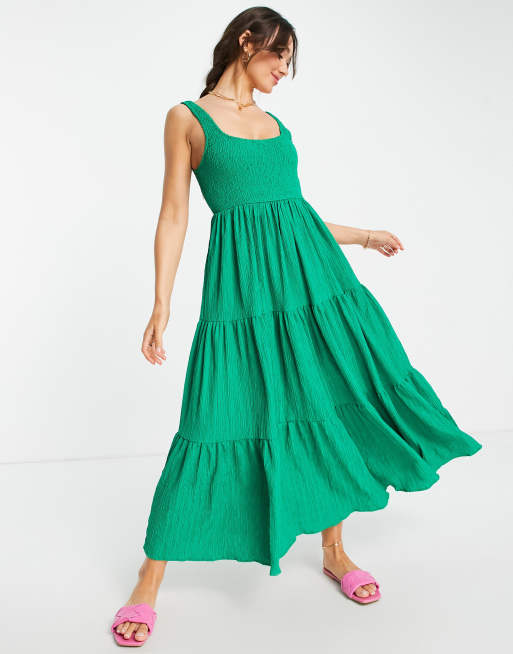ASOS DESIGN - Prendisole lungo arricciato verde acceso testurizzato a righe con balze, 4 di 4