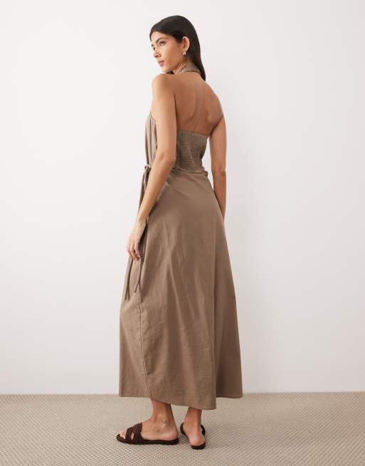 ASOS DESIGN - Prendisole lungo avvolgente allacciato al collo in cotone e lino marrone cenere , 4 di 4