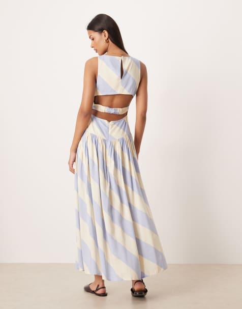 ASOS DESIGN - Prendisole lungo blu e bianco a righe con scollo a vogatore e cut-out sul retro - view 1