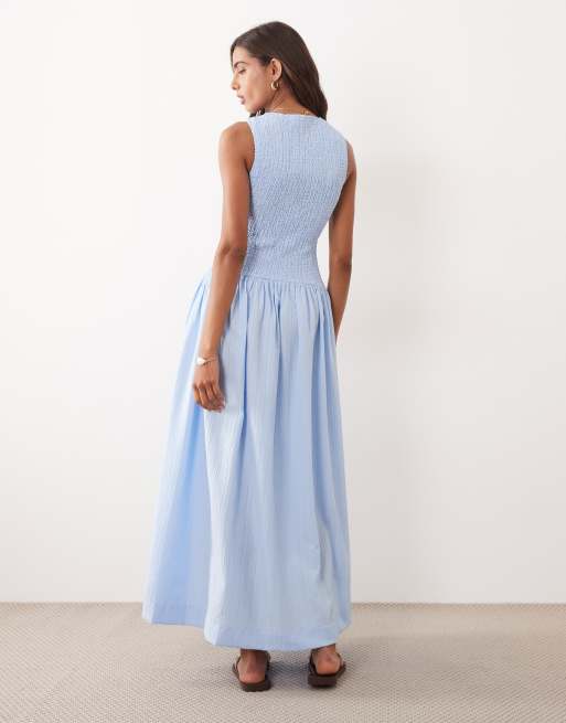 ASOS DESIGN - Prendisole lungo blu ghiacciato stropicciato con scollo rotondo e vita arricciata , 4 di 4