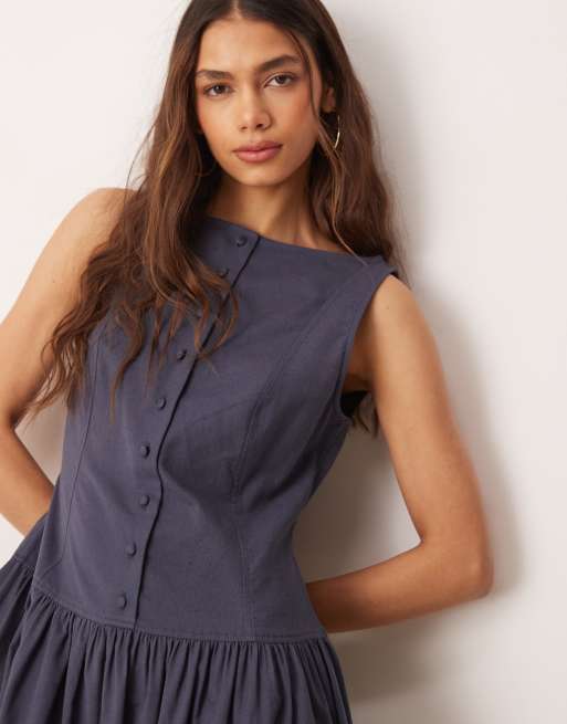 ASOS DESIGN - Prendisole lungo blu navy scuro con vita scesa, scollo a barchetta e bottoni , 3 di 4