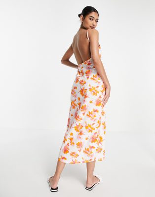 Asos Donna Abbigliamento Vestiti Vestiti lunghi Prendisole lungo in lino con scollo squadrato bianco a fiori 