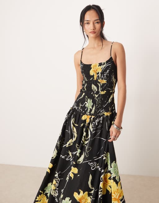 ASOS DESIGN - Prendisole lungo in tessuto stropicciato con vita scesa arricciata e stampa floreale oversize, 2 di 4