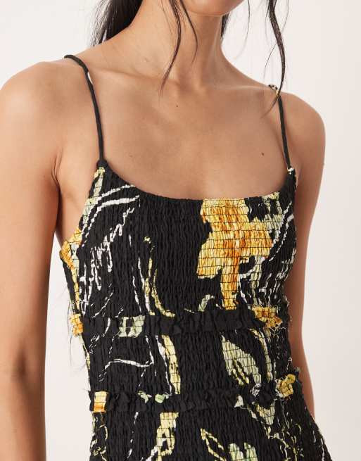ASOS DESIGN - Prendisole lungo in tessuto stropicciato con vita scesa arricciata e stampa floreale oversize, 3 di 4