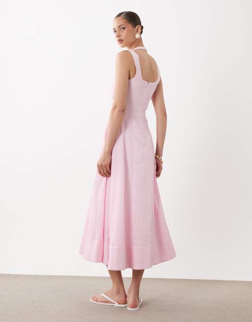 ASOS DESIGN - Prendisole lungo rosa a quadretti con scollo squadrato e bustino aperto , 4 di 4