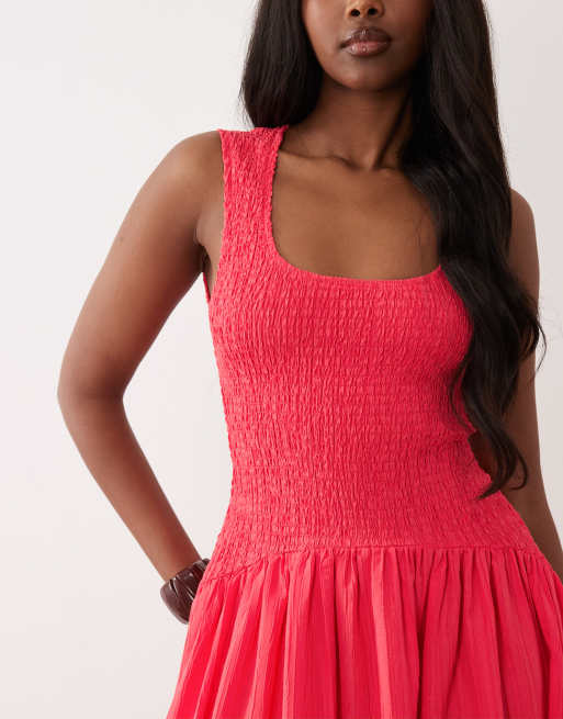 ASOS DESIGN - Prendisole lungo rosso acceso stropicciato con scollo rotondo e vita arricciata , 3 di 4