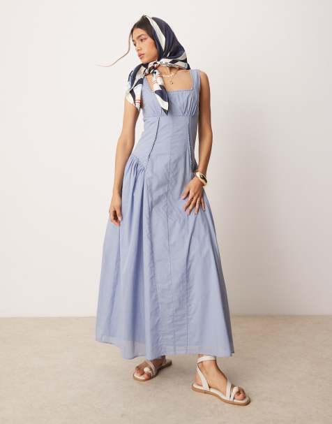 ASOS DESIGN - Prendisole lungo stile country blu con vita scesa e scollo squadrato - view 1