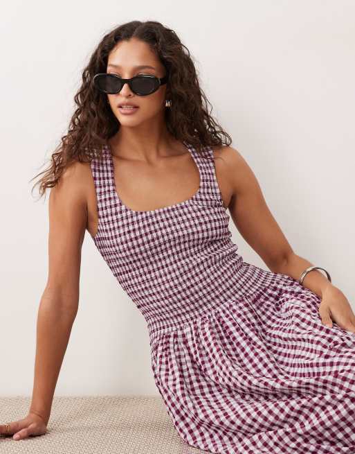 ASOS DESIGN - Prendisole lungo stropicciato bordeaux e panna a quadretti con scollo rotondo e vita arricciata, 2 di 4