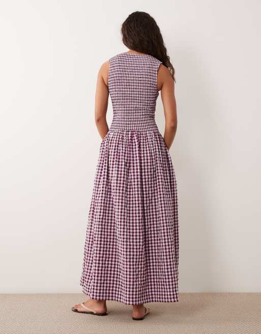 ASOS DESIGN - Prendisole lungo stropicciato bordeaux e panna a quadretti con scollo rotondo e vita arricciata, 3 di 4