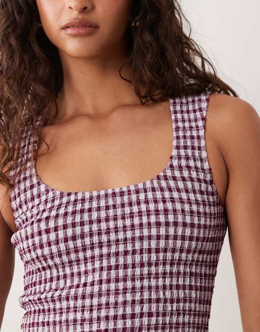 ASOS DESIGN - Prendisole lungo stropicciato bordeaux e panna a quadretti con scollo rotondo e vita arricciata, 4 di 4
