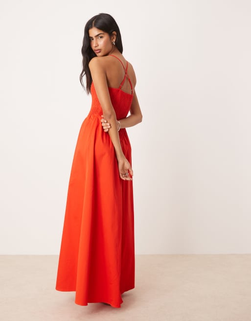 ASOS DESIGN - Prendisole lungo stropicciato rosso acceso incrociato sul retro con scollo rotondo , 3 di 4