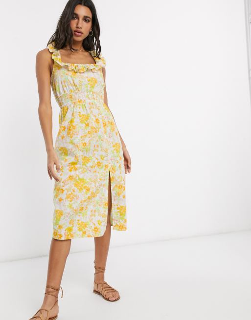 ASOS DESIGN - Prendisole midi a fiori in cotone allacciato sul retro con vita arricciata