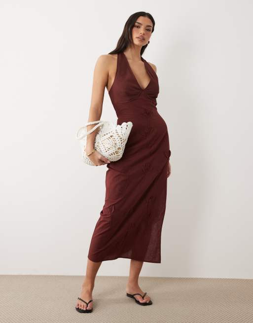 ASOS DESIGN - Prendisole midi allacciato al collo in chiffon color cioccolato con bustino sagomato, 3 di 4