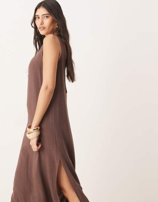 ASOS DESIGN - Prendisole midi color cioccolato amaro con scollo rotondo in lino, 2 di 4