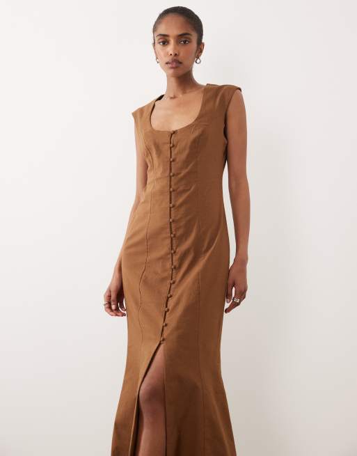 ASOS DESIGN - Prendisole midi color cioccolato con scollo squadrato e bottoni, 2 di 4
