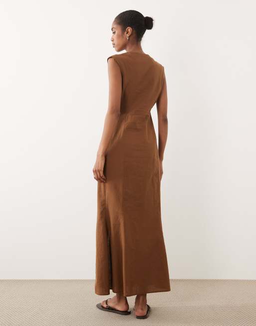 ASOS DESIGN - Prendisole midi color cioccolato con scollo squadrato e bottoni, 4 di 4