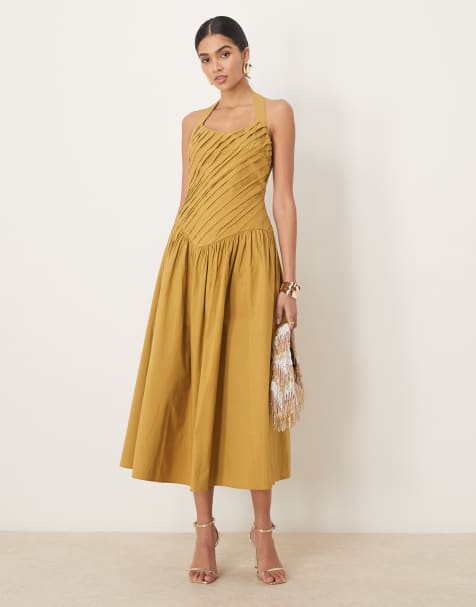 ASOS DESIGN - Prendisole midi color curcuma con vita scesa allacciato al collo con corpino a pieghe asimmetrico - view 1