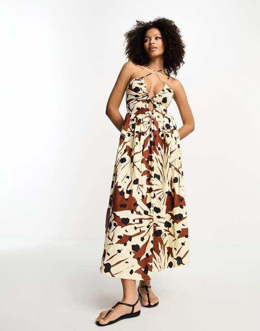 ASOS DESIGN Prendisole midi con dettaglio stile bikini multiposizione color cioccolato con grafica a fiori