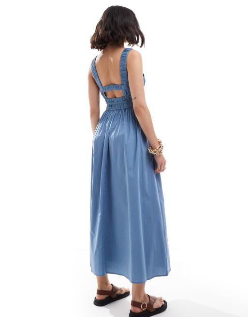 ASOS DESIGN - Prendisole midi con spalline larghe e coulisse in vita blu medio, 4 di 4
