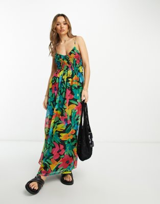 ASOS DESIGN - Prendisole midi con spalline sottili morbido arricciato con stampa sfocata a fiori