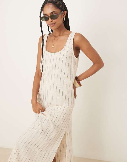 ASOS DESIGN - Prendisole midi in lino tonalità naturale con righe e scollo rotondo, 2 di 4