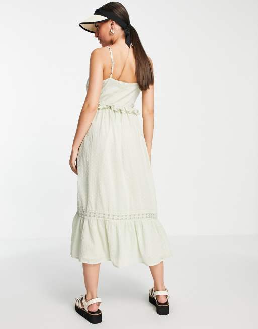 ASOS DESIGN - Prendisole midi in plumetis verde salvia con vita arricciata e laccetti, 2 di 4